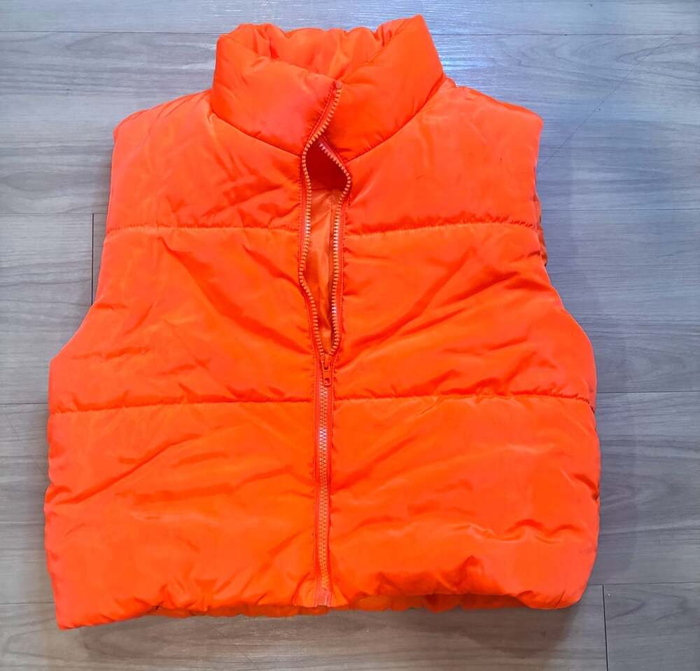 SHEIN Neon Orange Puffer Vest Zip Up Sleeveless Outerwear Size M